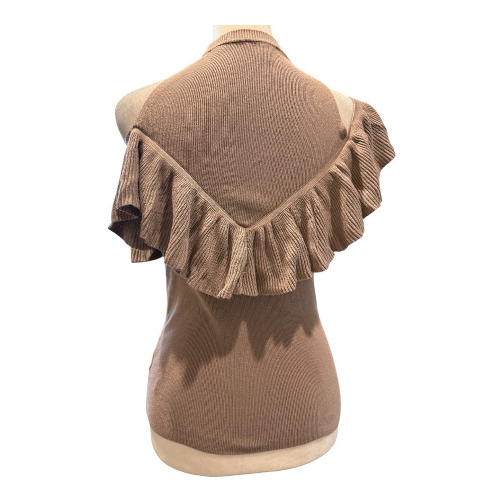 Express Taupe Ruffle Cold Shoulder Top Size Small - Ribbed Statement Blouse - Picture 4 of 4